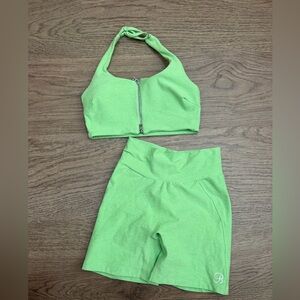 Bombshell Sportswear Electric Green Powerlift Bra & Uplift Peach Shorts